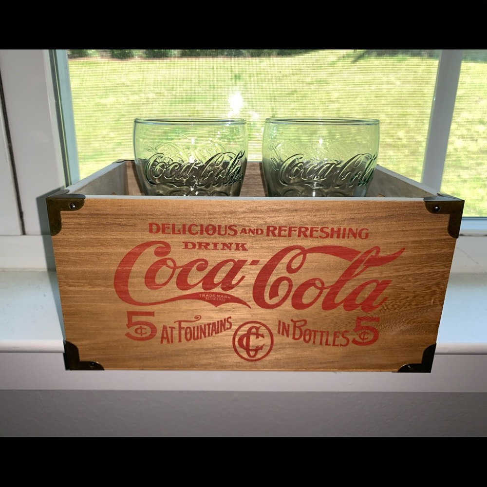 Coca Cola glasses, wooden box, & bottle opener